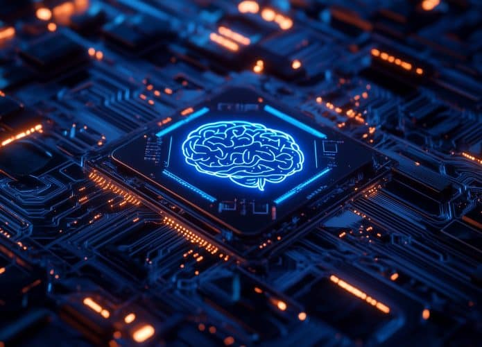 imagem de um chip de computador com um cérebro desenhado em cima. Chips de IA