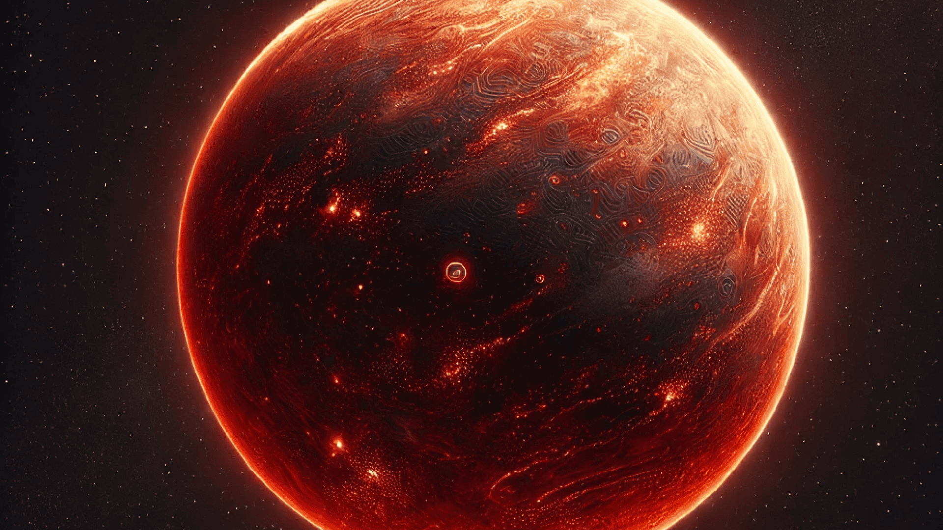 Imagem criada com IA mostra um planeta redondo com superfície de magma.