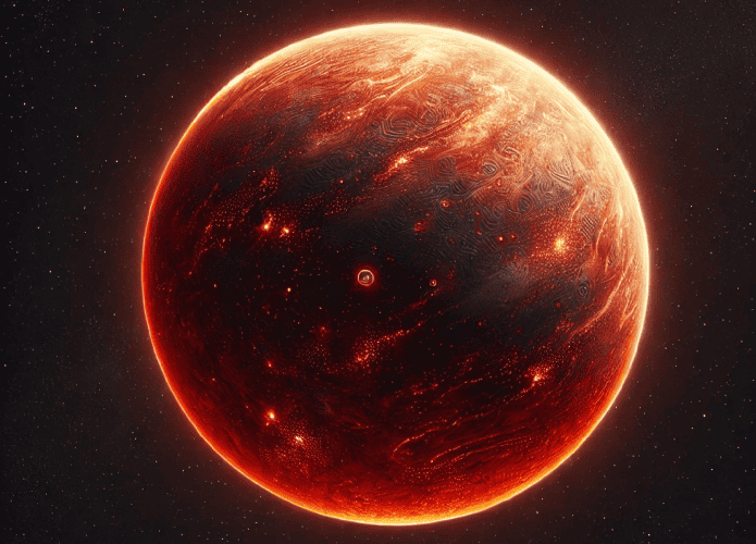 Imagem criada com IA mostra um planeta redondo com superfície de magma.