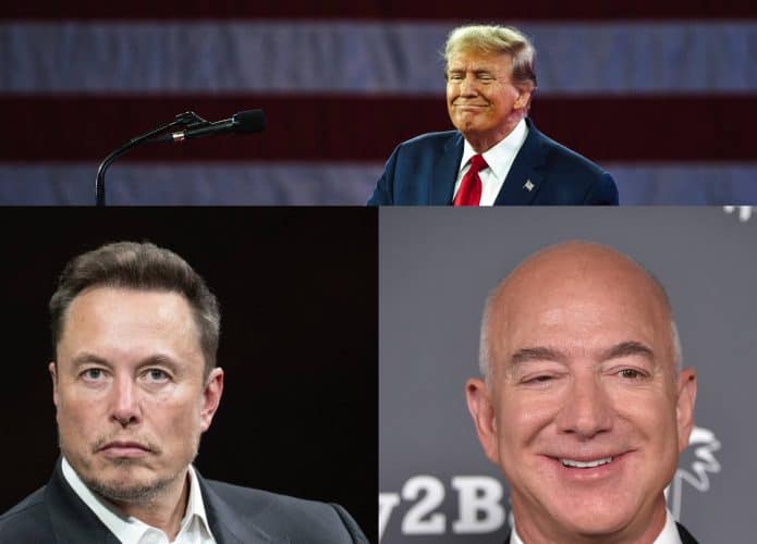 Rostos de Trump, Musk e Bezos