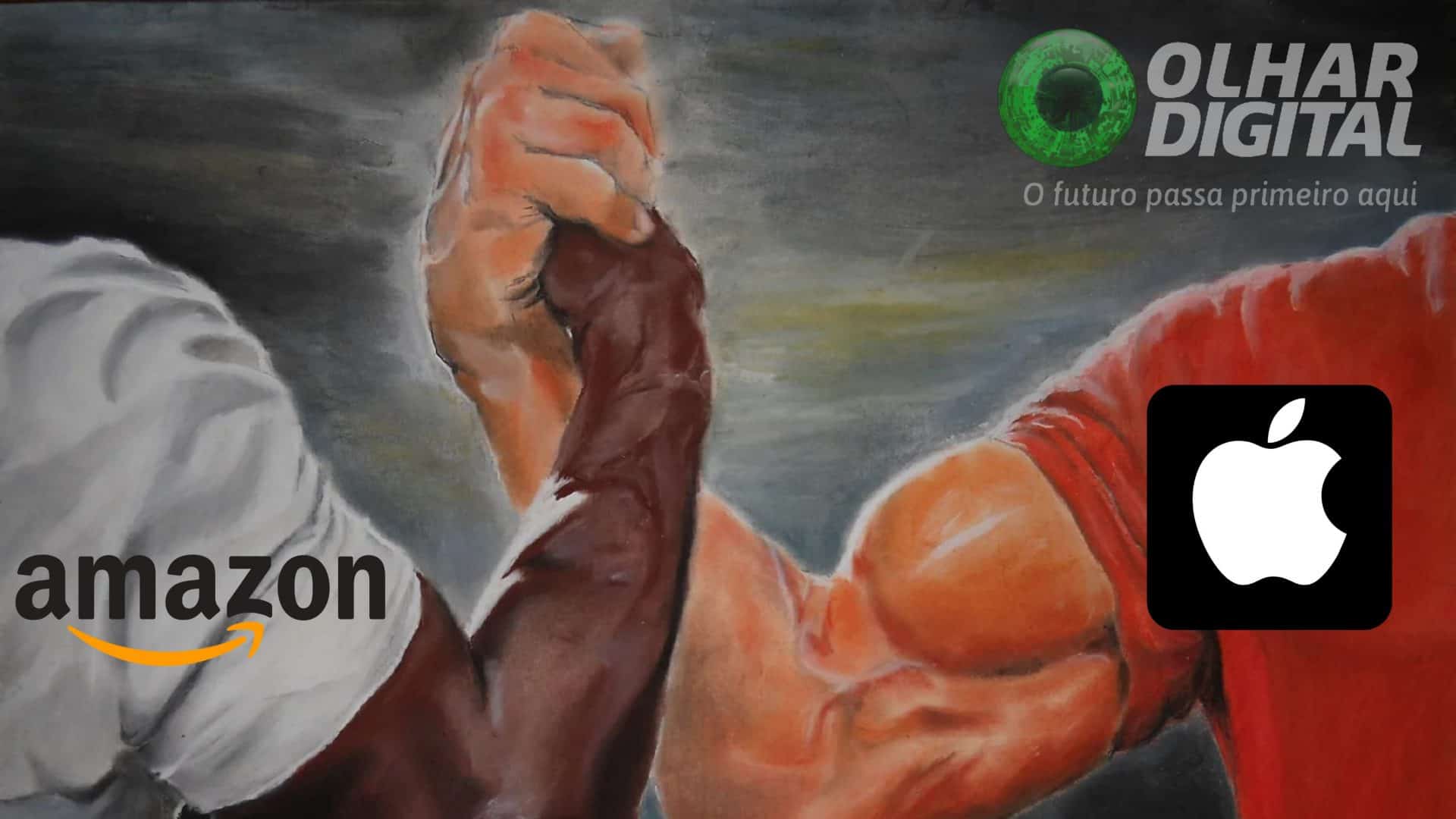 Ilustração de aperto de mão entre homens musculosos com logos da Amazon e da Apple colocados em cima de cada um