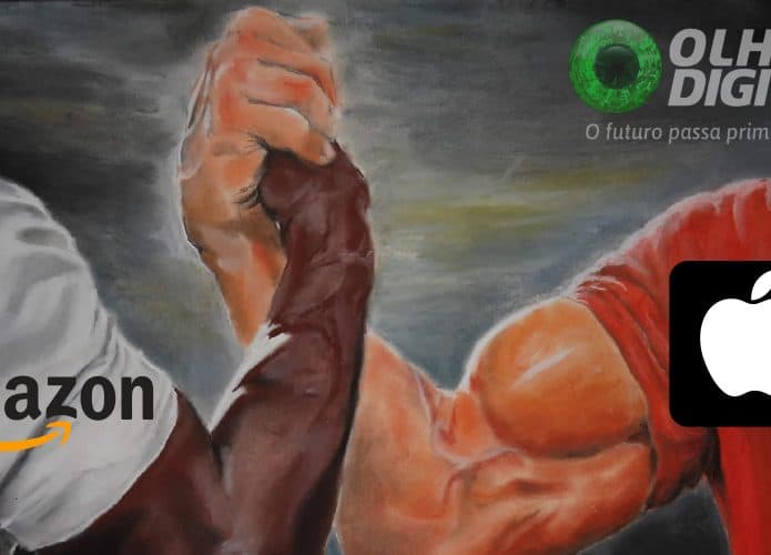 Ilustração de aperto de mão entre homens musculosos com logos da Amazon e da Apple colocados em cima de cada um