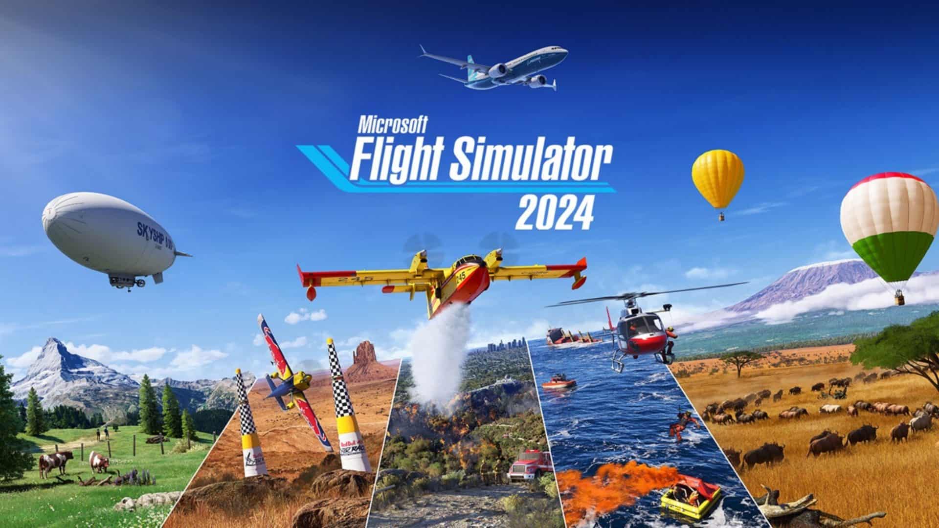 imagem mostra a capa do jogo FLIGHT SIMULATOR 2024 da microsoft. é possível verificar aviões, dirigíveis e balões sobrevoando um céu azul límpido