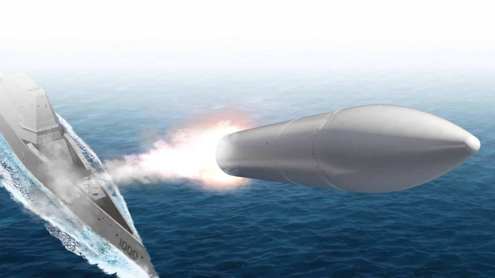 Ilustração de míssel disparado de arma hipersônica instalada em navio stealth dos Estados Unidos