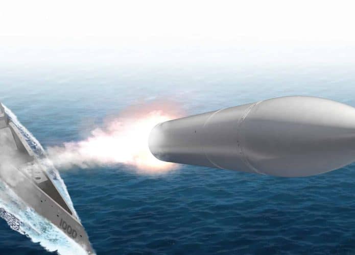 Ilustração de míssel disparado de arma hipersônica instalada em navio stealth dos Estados Unidos
