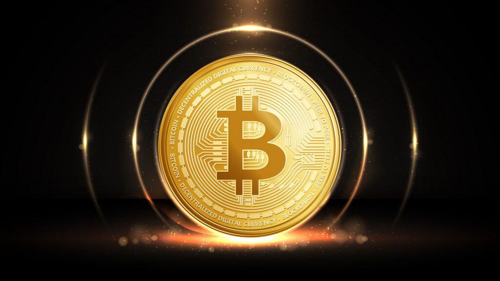 Ilustração de moeda de bitcoin grande e dourada reluzindo igual ouro