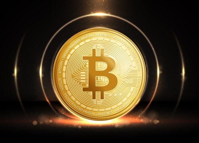 Ilustração de moeda de bitcoin grande e dourada reluzindo igual ouro