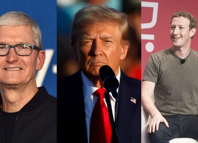 Montagem com fotos do CEO da Apple, Tim Cook, do presidente eleito dos EUA, Donald Trump, e do CEO da Meta, Mark Zuckerberg