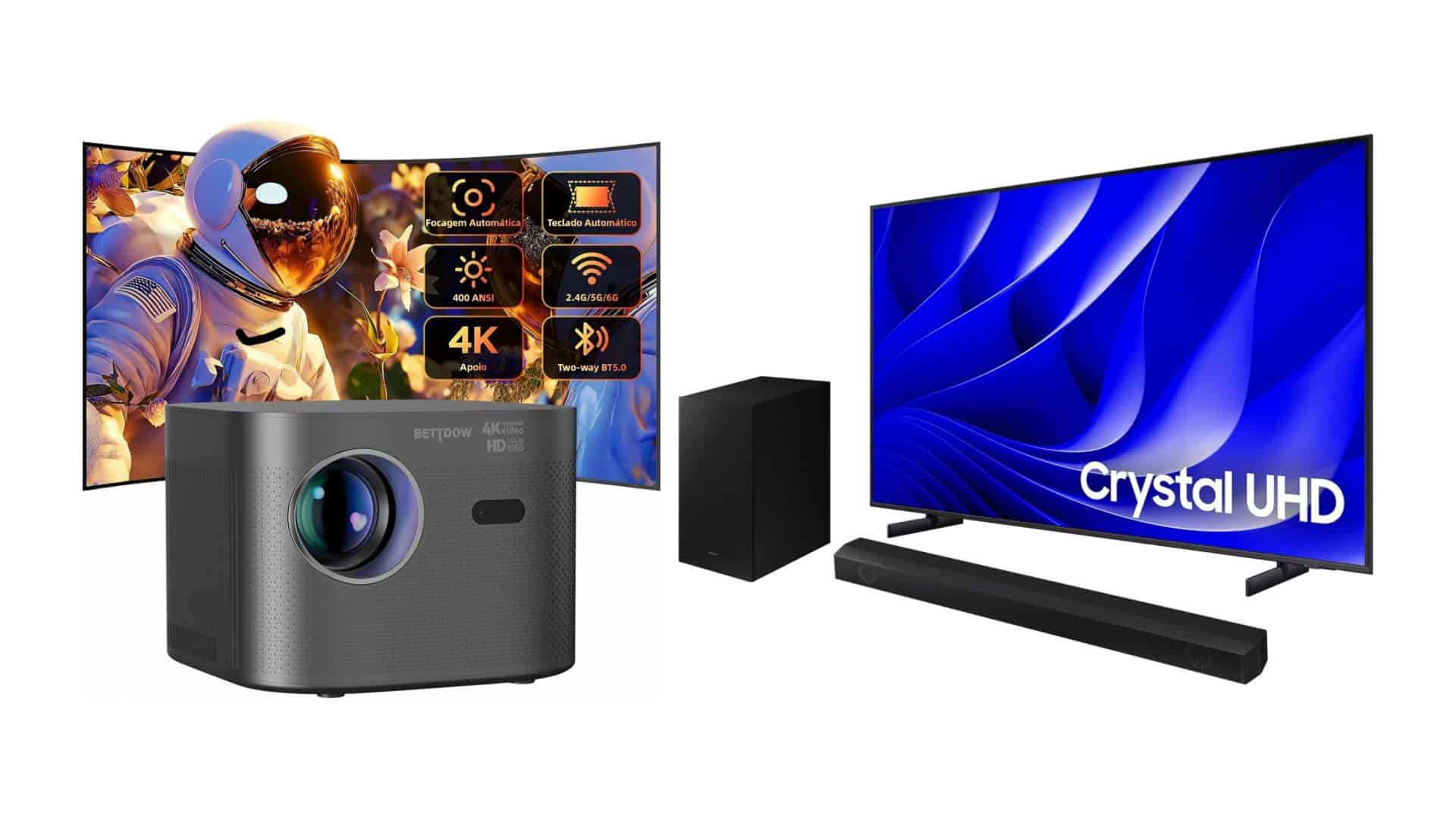 Montagem com projetor e TV da Samsung em promoção na Amazon