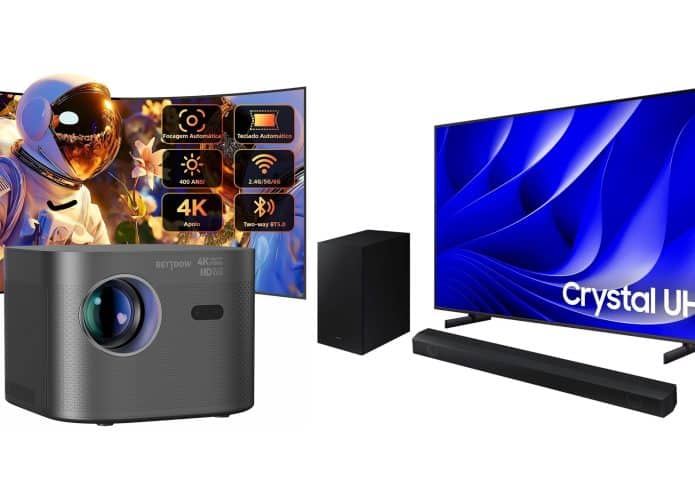 Montagem com projetor e TV da Samsung em promoção na Amazon