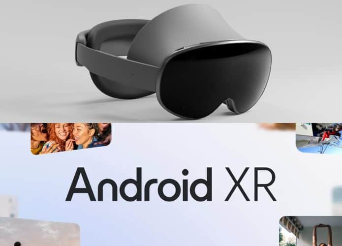 Montagem com imagens de headset de realidade mista da Samsung e Android XR do Google