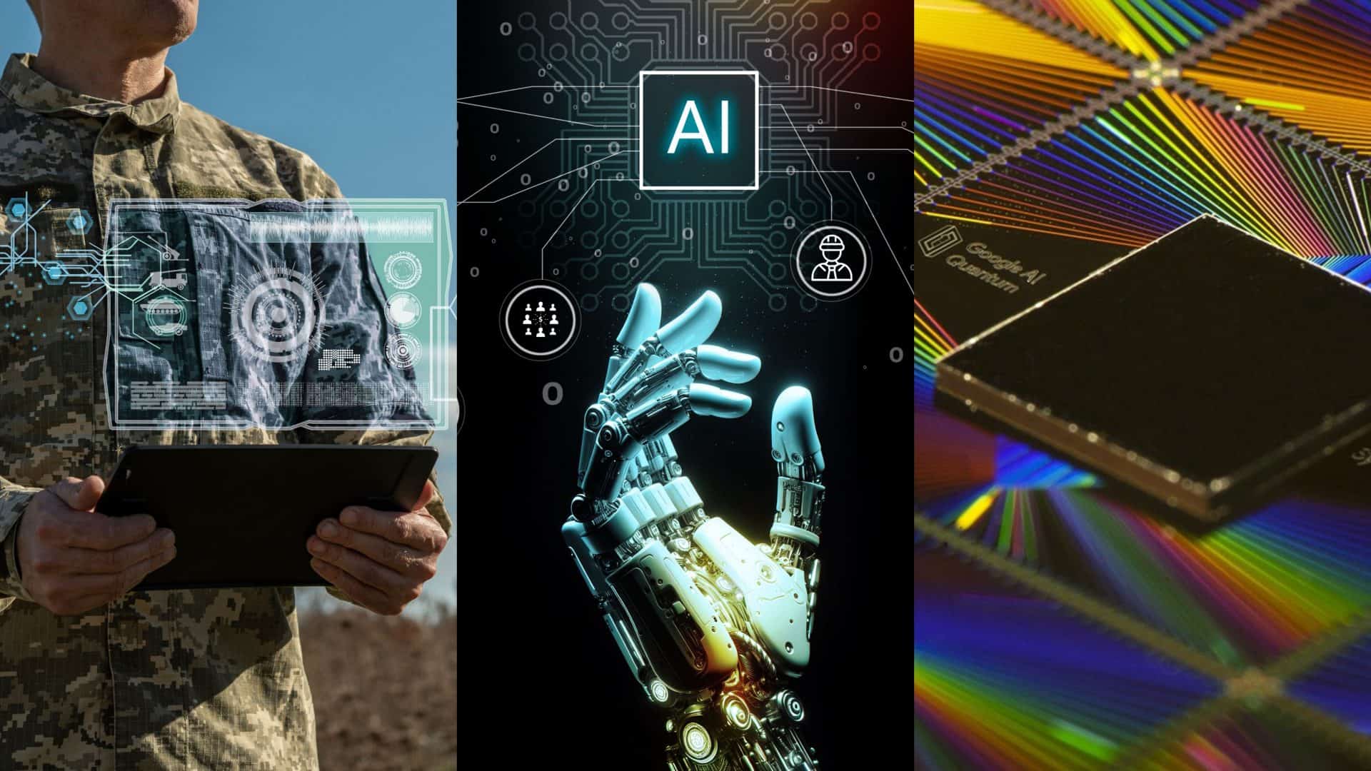 Montagem com imagens sobre armas autônomas, inteligência artificial generativa e chip de computação quântica do Google, três dos hypes de tecnologia de 2024