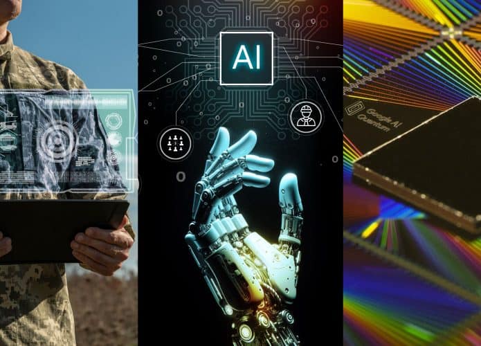 Montagem com imagens sobre armas autônomas, inteligência artificial generativa e chip de computação quântica do Google, três dos hypes de tecnologia de 2024
