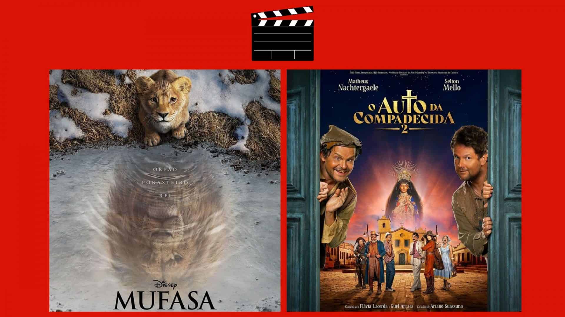 Montagem com pôsteres de Mufasa e O Auto da Compadecida 2, dois entre lançamentos de filmes da semana