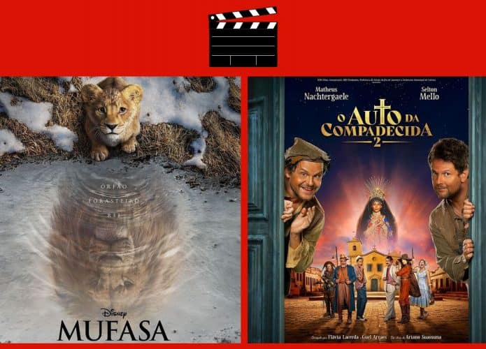 Montagem com pôsteres de Mufasa e O Auto da Compadecida 2, dois entre lançamentos de filmes da semana