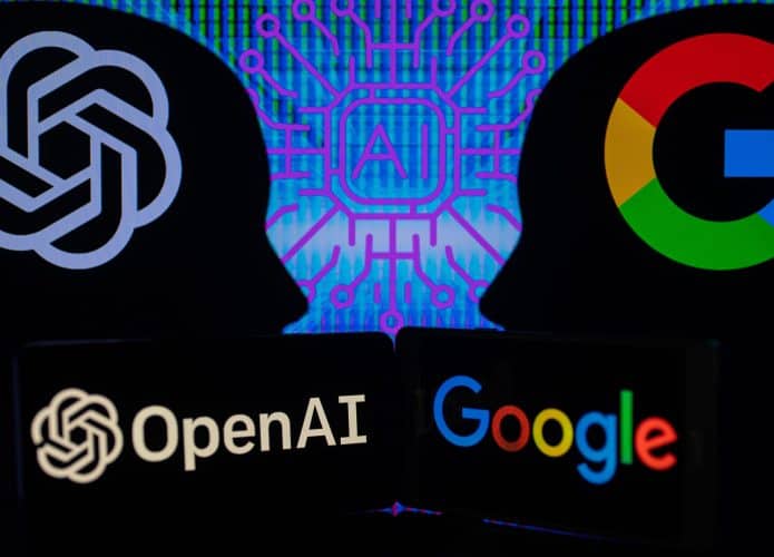 Silhuetas de cabeças humanas com logotipos da OpenAI, do ChatGPT e do Google