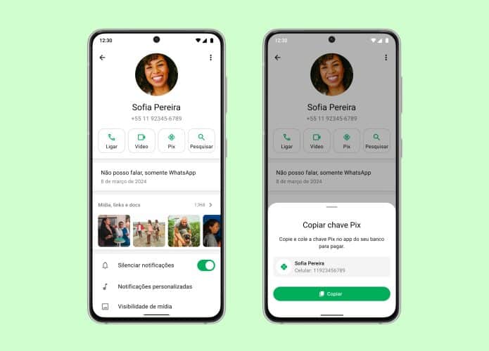 Montagem mostrando botão de Pix no perfil do WhatsApp num celular