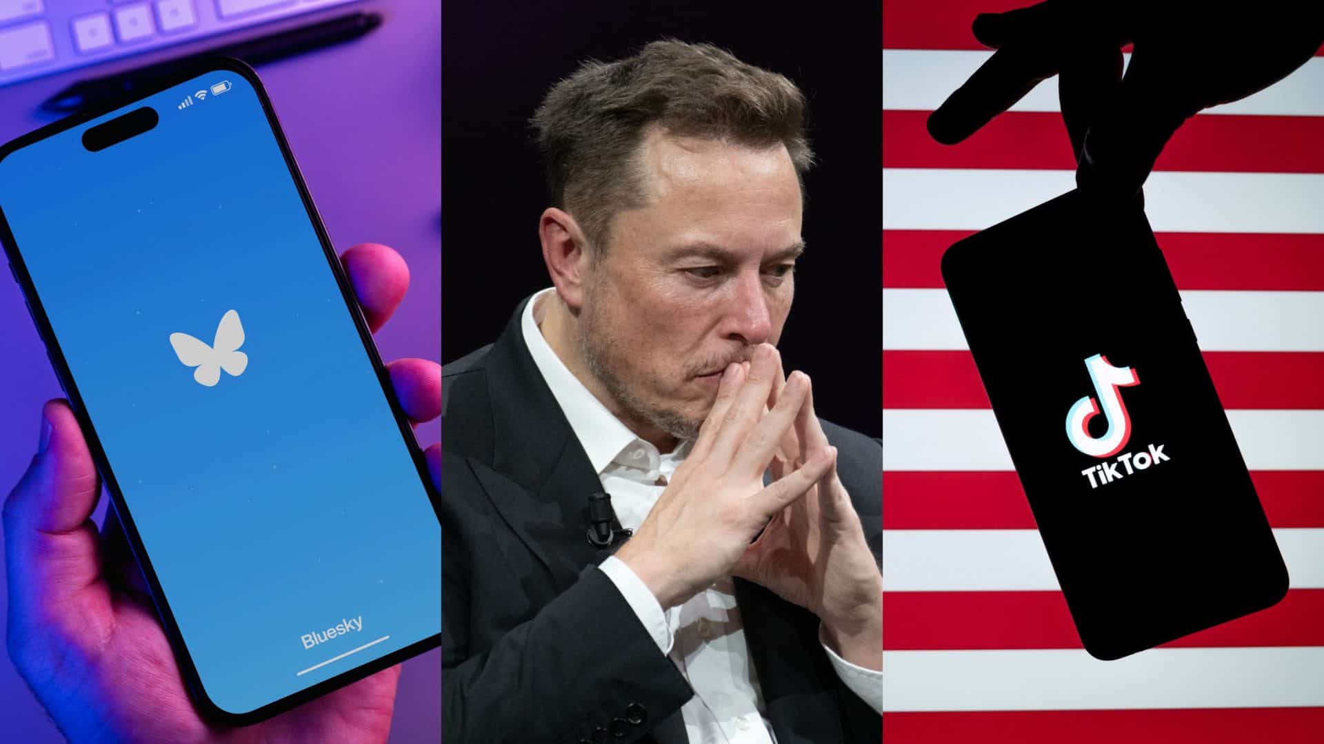 Montagem com imagens de pessoa segurando celular com logotipo do Bluesky, de Elon Musk apreensivo e de pessoa segurando com a ponta dos dedos celular com a logomarca do TikTok na tela na frente de uma bandeira dos Estados Unidos