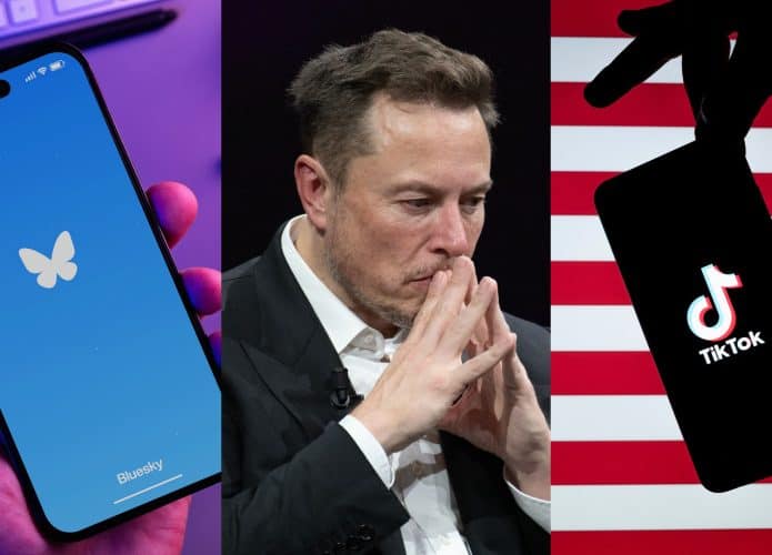 Montagem com imagens de pessoa segurando celular com logotipo do Bluesky, de Elon Musk apreensivo e de pessoa segurando com a ponta dos dedos celular com a logomarca do TikTok na tela na frente de uma bandeira dos Estados Unidos