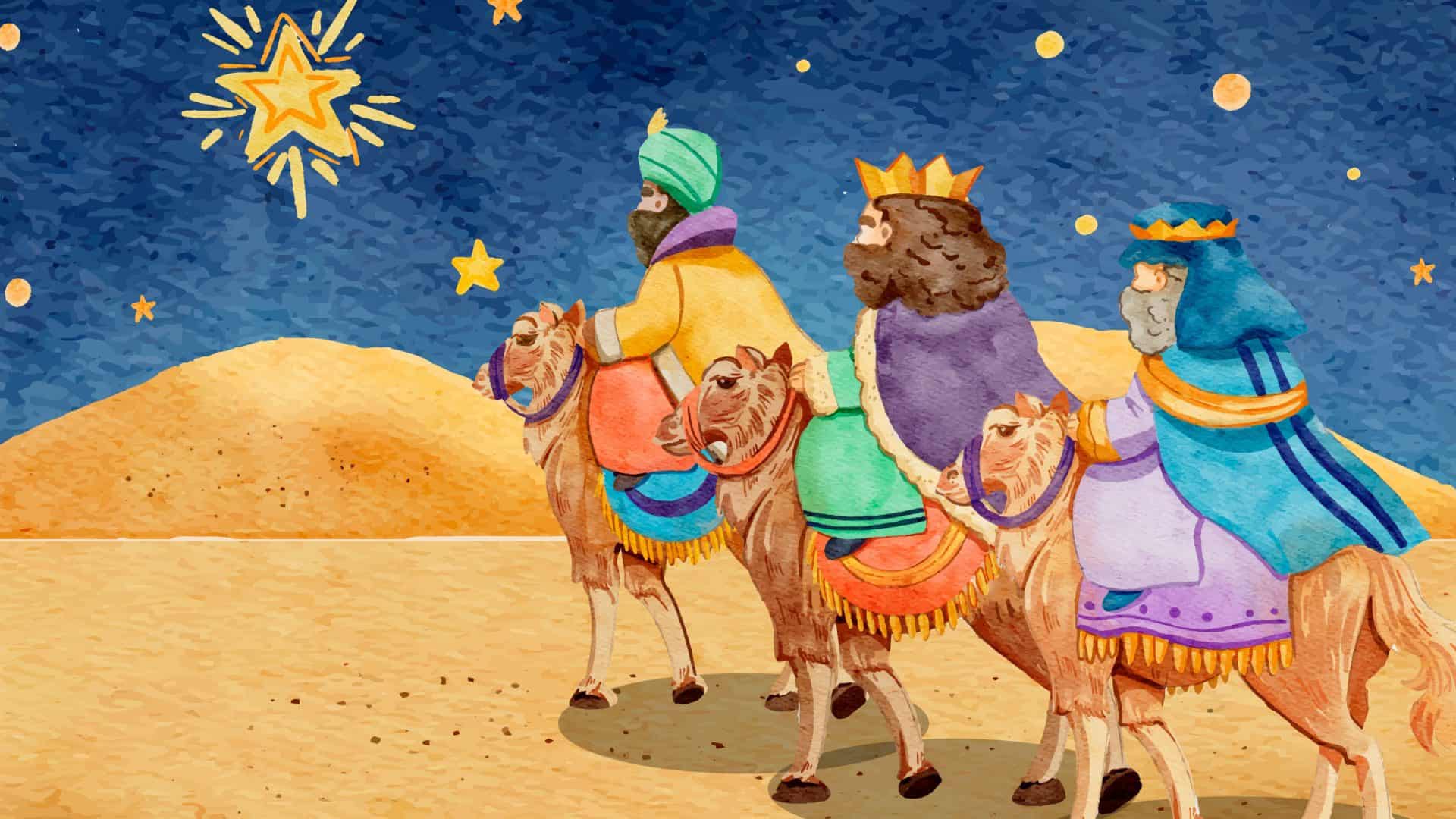 Os três reis magos indo até Jesus