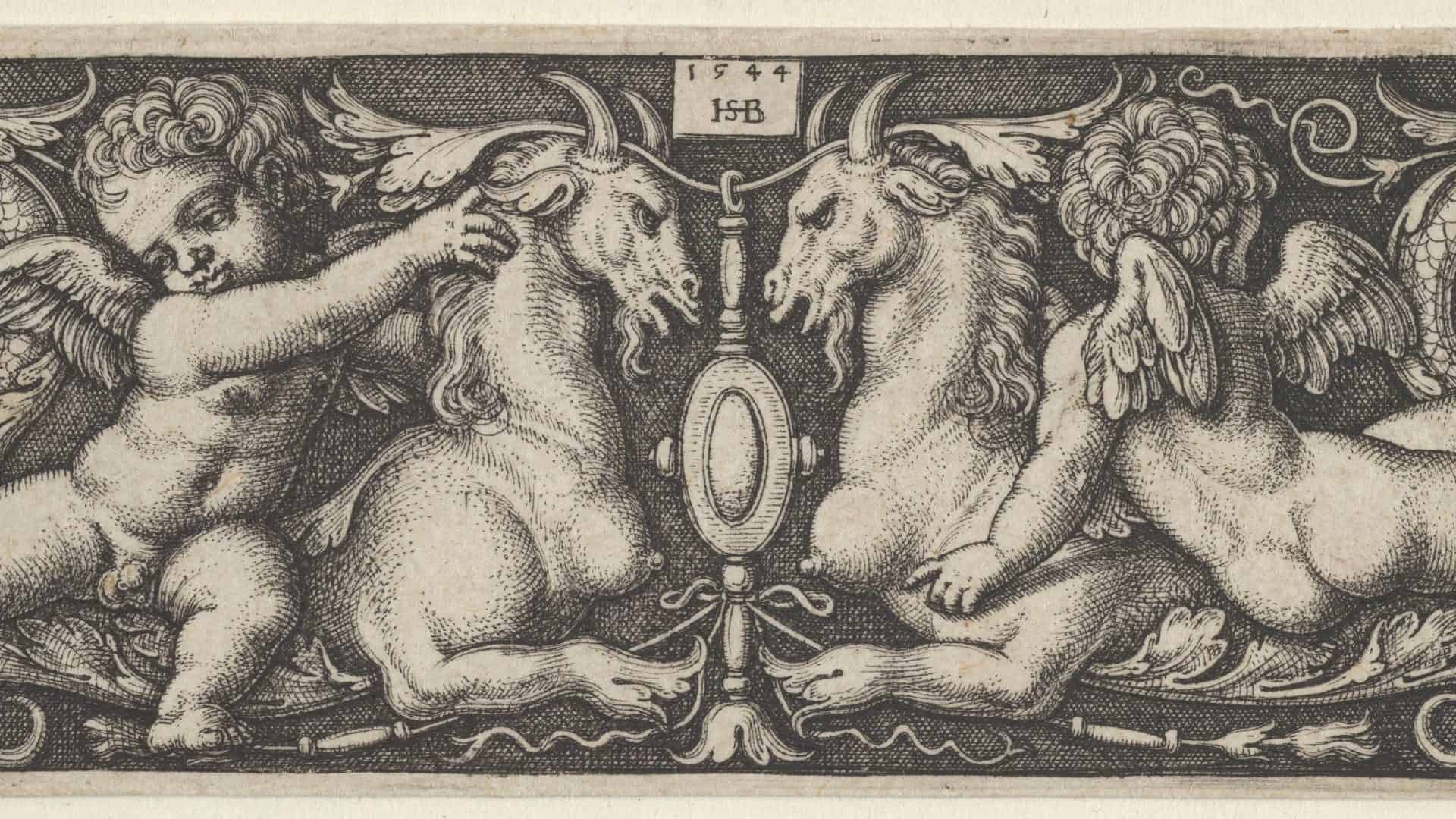 Gravura renascentista de Hans Sebald Beham, datada de 1544, representando dois gênios infantis (figuras mitológicas aladas) montados sobre criaturas quiméricas. As criaturas têm corpos semelhantes ao de cavalos, caudas em forma de espiral e asas elaboradas que lembram pássaros. Os gênios estão posicionados simetricamente, voltados um para o outro, em um cenário decorativo repleto de ornamentos florais e arabescos. No centro, há um medalhão oval vazio que separa as figuras principais, contribuindo para a composição equilibrada da obra. A gravura destaca-se pelo detalhamento minucioso, característico do estilo de Beham.