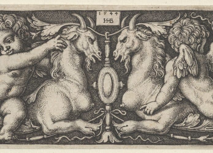Gravura renascentista de Hans Sebald Beham, datada de 1544, representando dois gênios infantis (figuras mitológicas aladas) montados sobre criaturas quiméricas. As criaturas têm corpos semelhantes ao de cavalos, caudas em forma de espiral e asas elaboradas que lembram pássaros. Os gênios estão posicionados simetricamente, voltados um para o outro, em um cenário decorativo repleto de ornamentos florais e arabescos. No centro, há um medalhão oval vazio que separa as figuras principais, contribuindo para a composição equilibrada da obra. A gravura destaca-se pelo detalhamento minucioso, característico do estilo de Beham.
