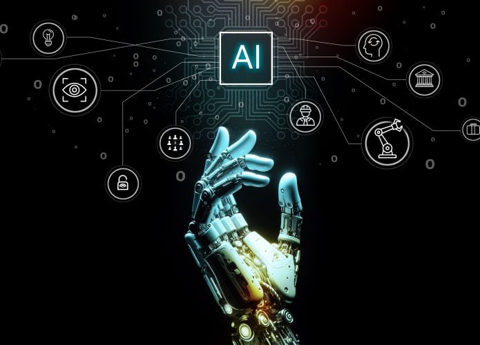 Ilustração digital de mão robótica com dedos para cima e, em cima dela, pequenos desenhos relacionados a inteligência artificial