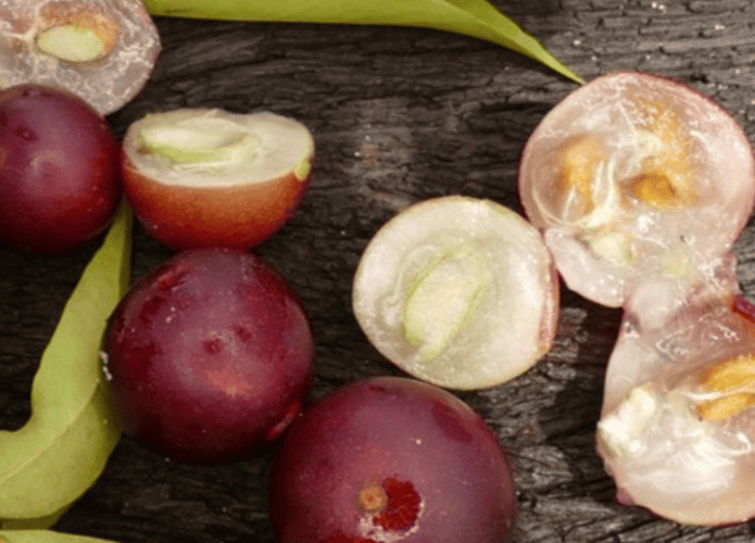 imagem mostra o exterior e o interior da fruta camu-camu em cima de uma mesa