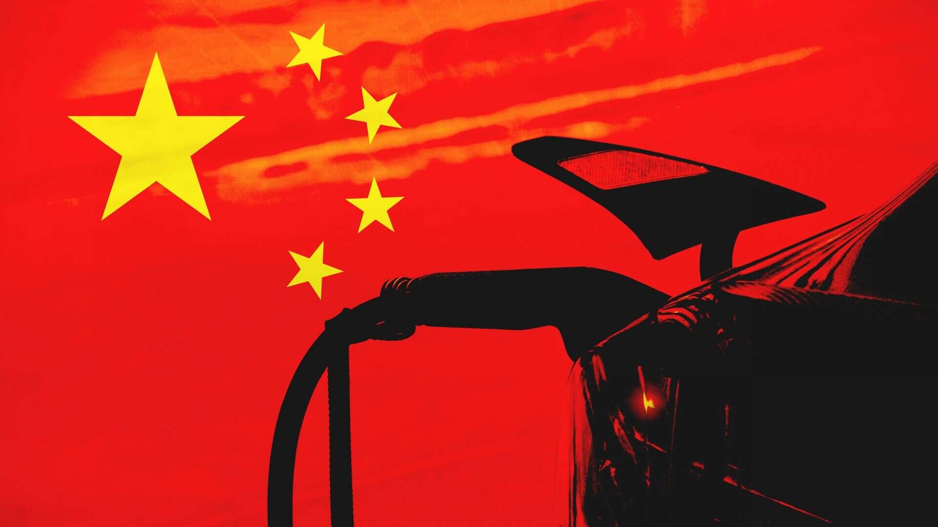 Bandeira da China ao fundo, com a sombra de um carro elétrico sendo carregado