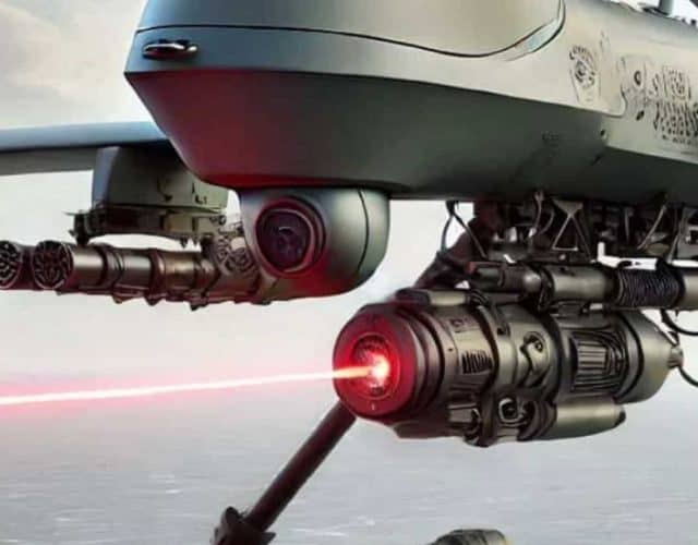 Ilustração de drone militar disparando laser
