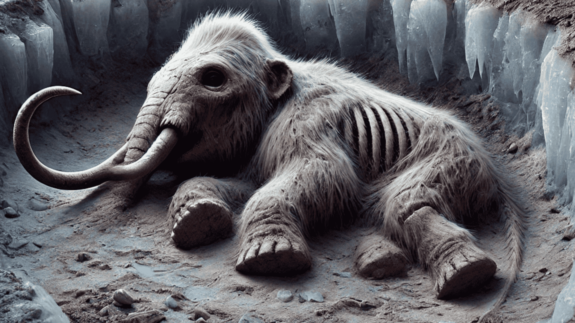 Ilustração de um fóssil de bebê mamute numa cratera de permafrost