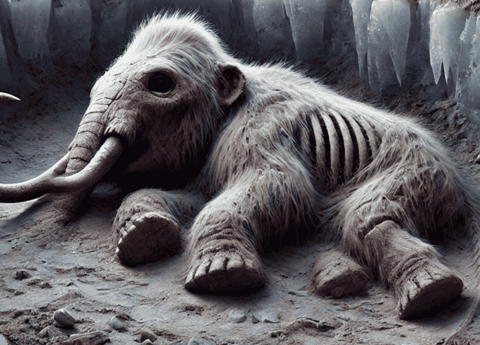 Ilustração de um fóssil de bebê mamute numa cratera de permafrost