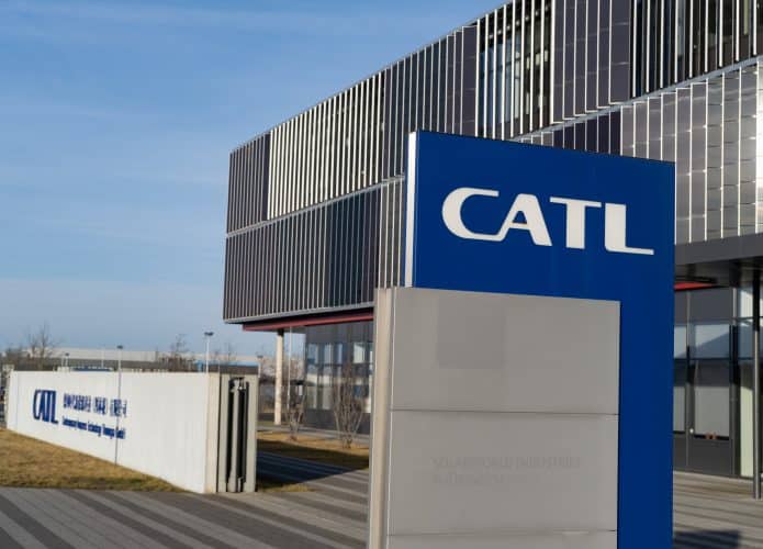 Advertising banner CATL Contemporary Amperex Technology Limited electric vehicle battery manufacturer, sustainable development Innovation in Battery Technology, Arnstadt, Germany - February 05, 2024