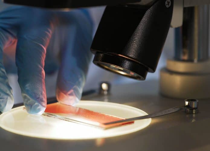 Medical scientist studying blood sample under microscope, biochemical research