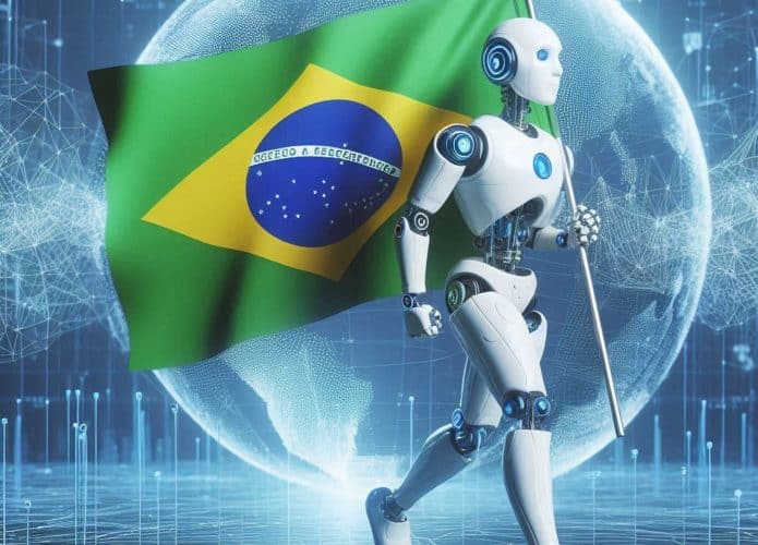 Robô carregando a bandeira do Brasil