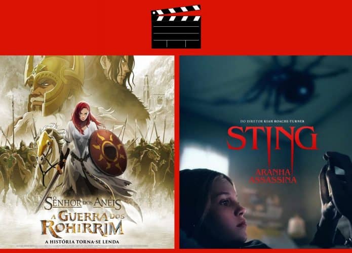 Montagem com pôsteres de O Senhor dos Anéis A Guerra dos Rohirrim e Sting Aranha Assassina, dois entre lançamentos de filmes da semana