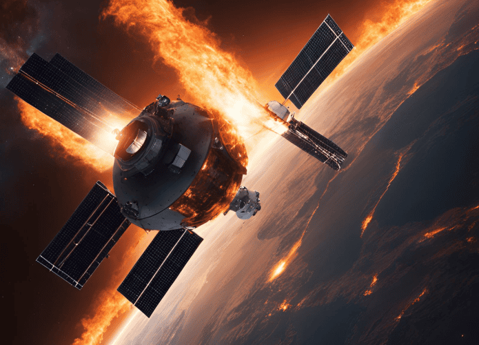Ilustração de um satélite pegando fogo ao entrar na atmosfera da Terra