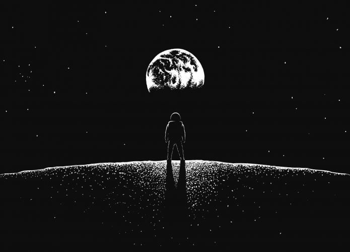 astronauta olha para a Terra a partir da Lua