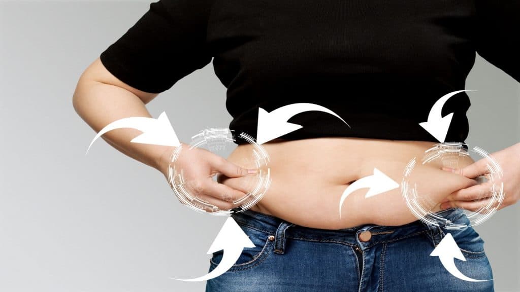 Figura de mulher magra com gordura toca o estômago. Conceito de gordura abdominal e dieta. Massagem na marca.
