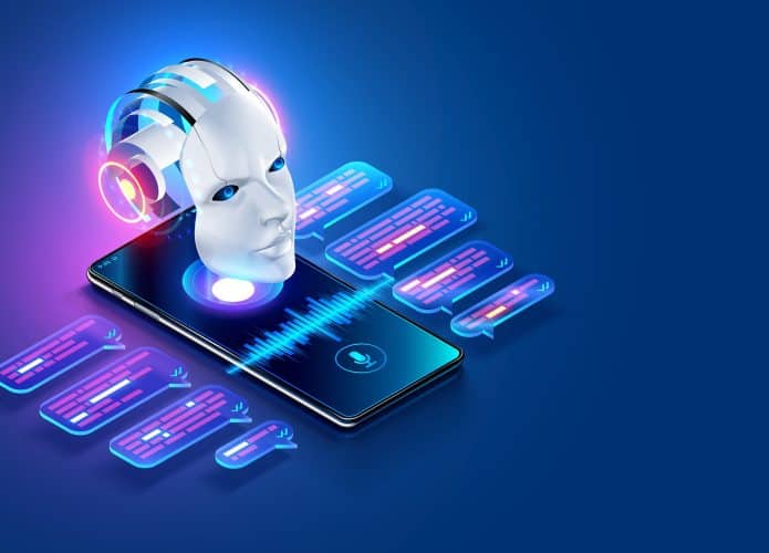 Chatbot de IA na cabeça robótica da imagem pendurada sobre a tela do telefone
