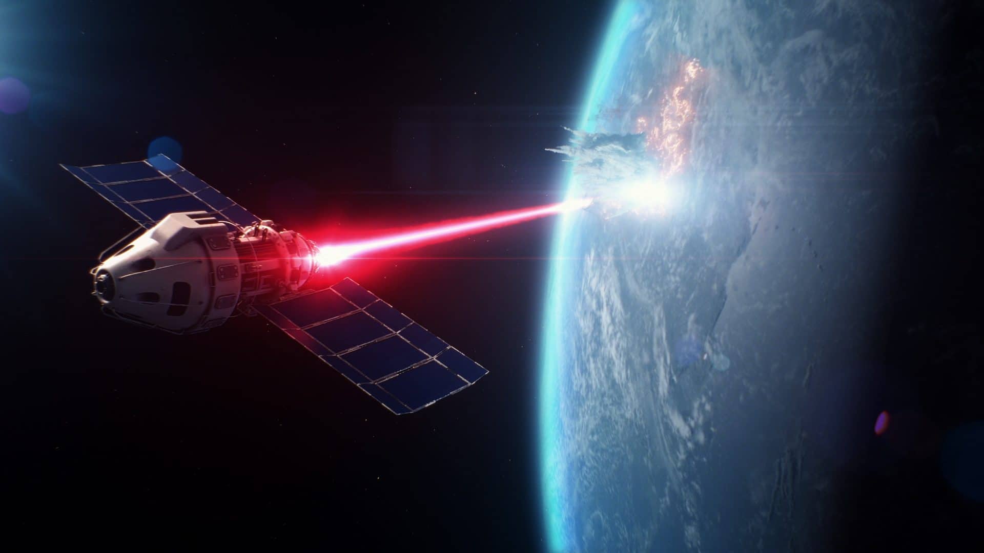 Satélite no espaço disparando laser vermelho contra a Terra