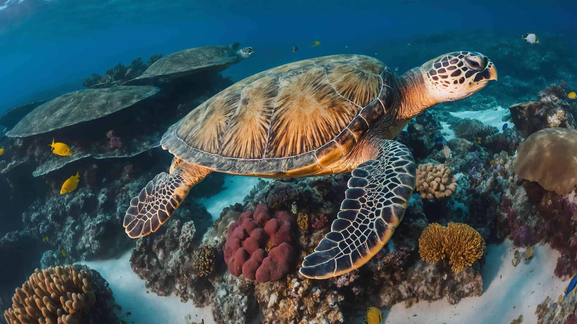 Uma majestosa tartaruga marinha nadando graciosamente sobre um assoalho de oceano arenoso, cercada por peixes coloridos e formações de corais em águas cristalinas