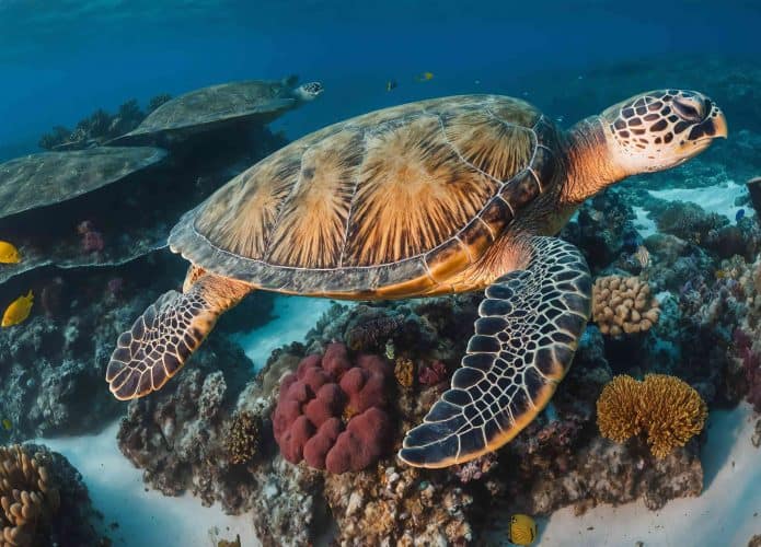 Uma majestosa tartaruga marinha nadando graciosamente sobre um assoalho de oceano arenoso, cercada por peixes coloridos e formações de corais em águas cristalinas