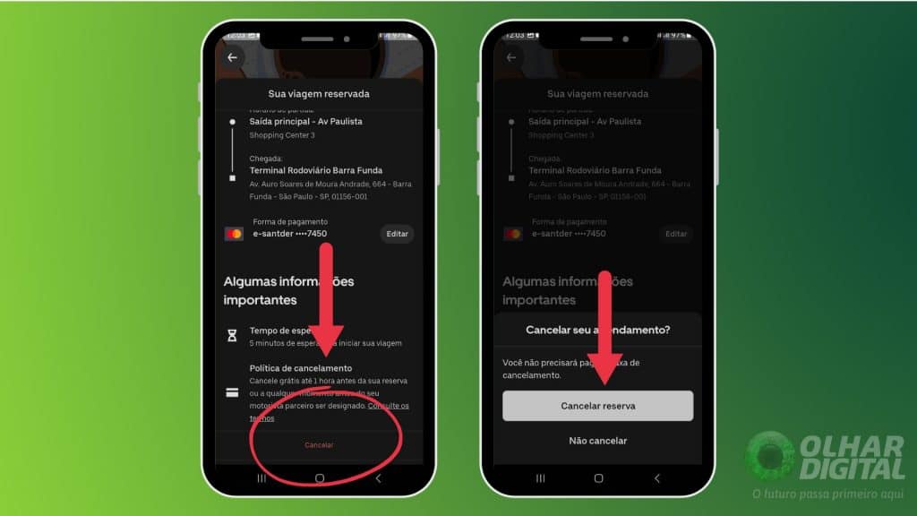 imagem mostra setas apontando para botões que dizem onde clicar para cancelar uma viagem agendada no uber