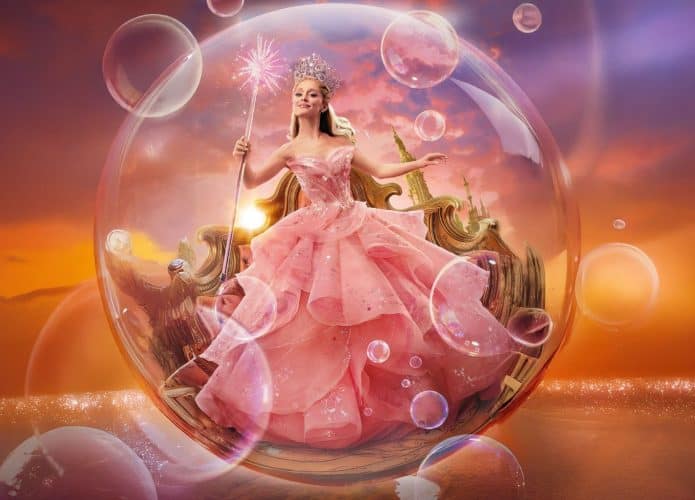 Ariana Grande caracterizada como a personagem Glinda para o filme musical Wicked