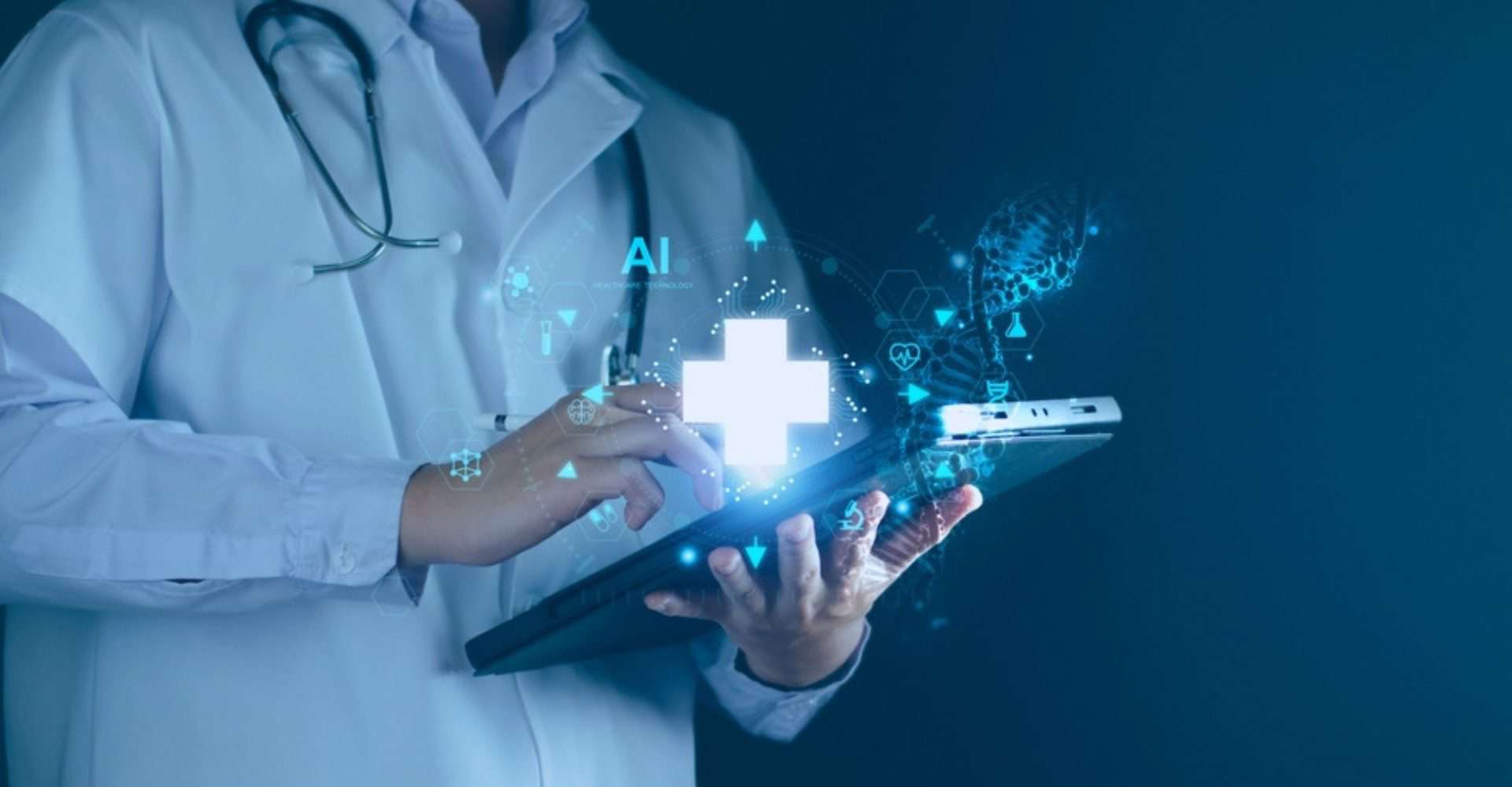 Imagem gerada por IA demonstrando interação entre aprendizado de máquina e medicina.