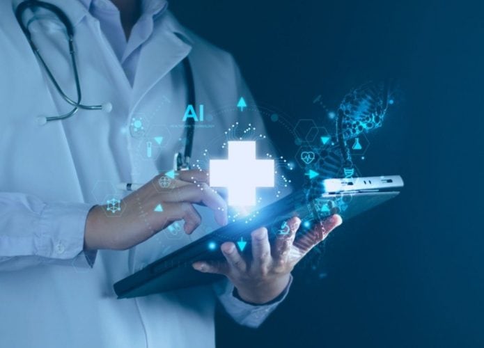 Imagem gerada por IA demonstrando interação entre aprendizado de máquina e medicina.