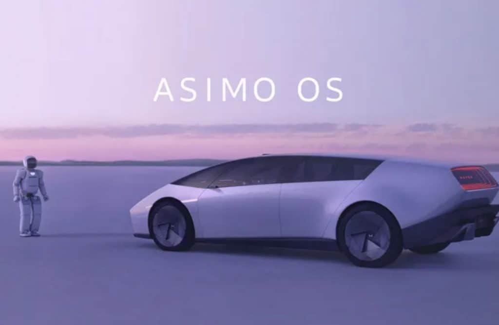 Honda Zero Saloon e robô Asimo em foto publicitária