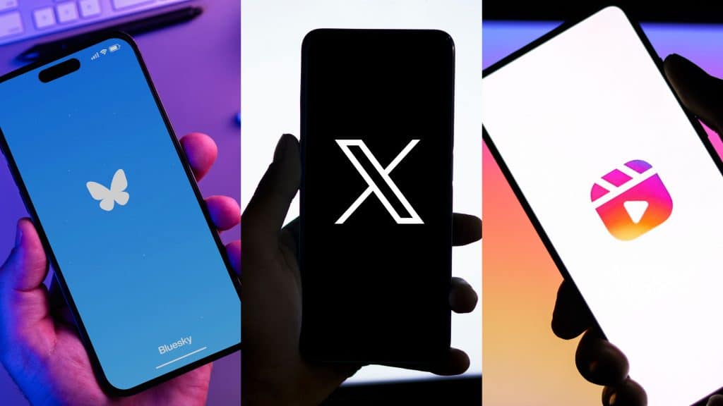 Montagem com fotos de pessoas segurando celulares exibindo as logomarcas do Bluesky, X (antigo Twitter) e Reels (do Instagram)