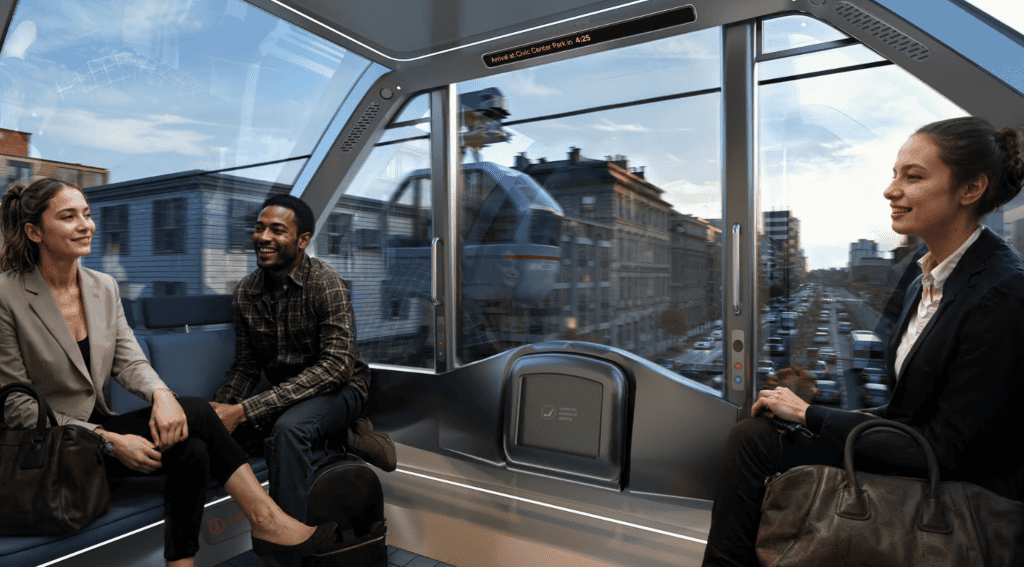 Perspectiva artística de três pessoas sorrindo e conversando dentro de uma das gôndolas do teleférico